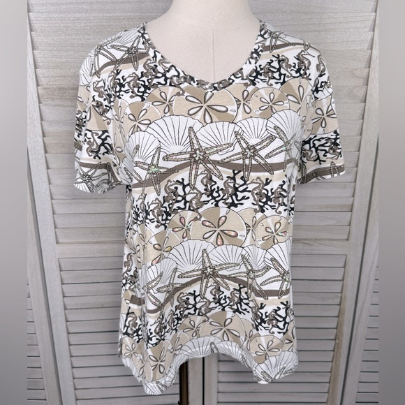 ANTHONY'S RESORT WEAR 100% Cotton Coastal Tee Sand Dollars/Starfish/Seahorses-L - Picture 1 of 3
